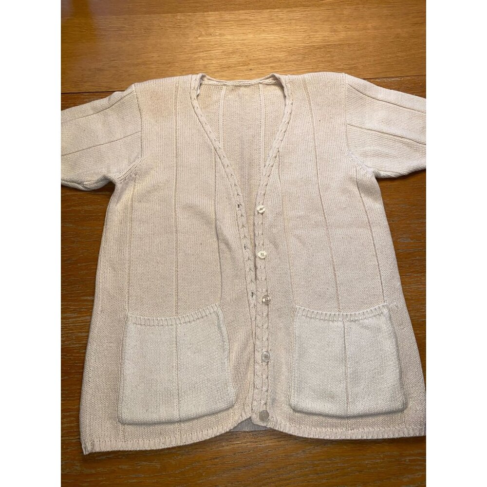Vintage Beige Knit Cardigan Sweater With Button Front & Pockets
